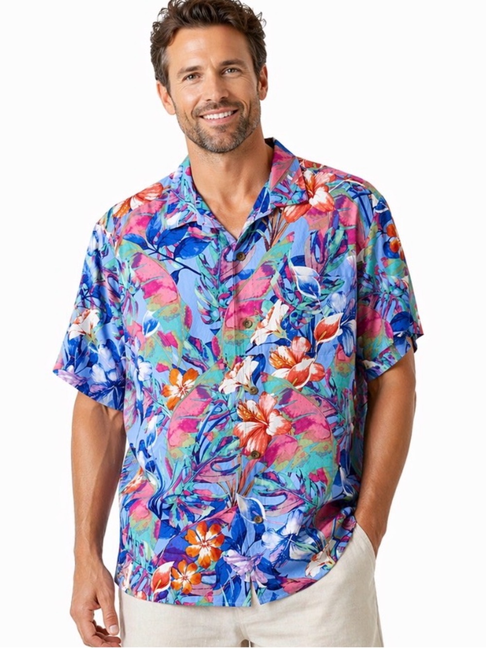 Tommy Bahama 100% Silk Hawaiian Floral Button Front Shirt Blue Pink Large